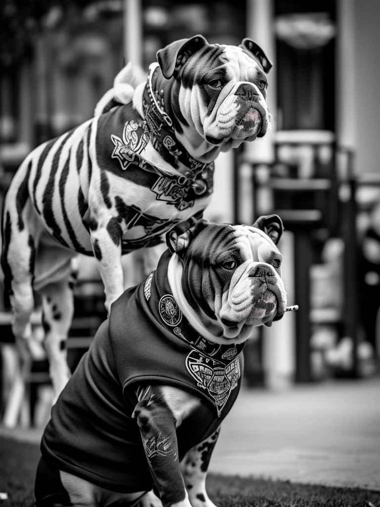 Some Dogs(includeing Bulldog) in mafia clothes smoking a cigarette, monochrome, wide shot, Tattoos on the upper body