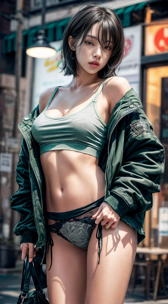 Angle from the front、Cowboy Shot、Ripped print T-shirt、City of night、((Emoガール))、((Emo))、bad woman、Short, black, shaggy hair、Gradient Hair、(Black double rider jacket)、((black and grey mini skirt))、(((Green panties)))、Big Breasts、In the background is the High Sokotl Cycle)))、Highest quality,(RAW Photos:1.2)、(Realistic:1.4),(High resolution:1.4), 1 Girl, Written boundary depth,, Exquisitely crafted,8K, Very detailed, Perfect lighting, Great background、((Delicate painting)),(の詳細なRAW Photos),(Highest quality:1.6), (超High resolution:1.5), (Realistic:1.75), 8K resolution, Canon EOS R5, 50mm, Very detailed,Cinema Lighting,Correct finger、((I can see very small panties))