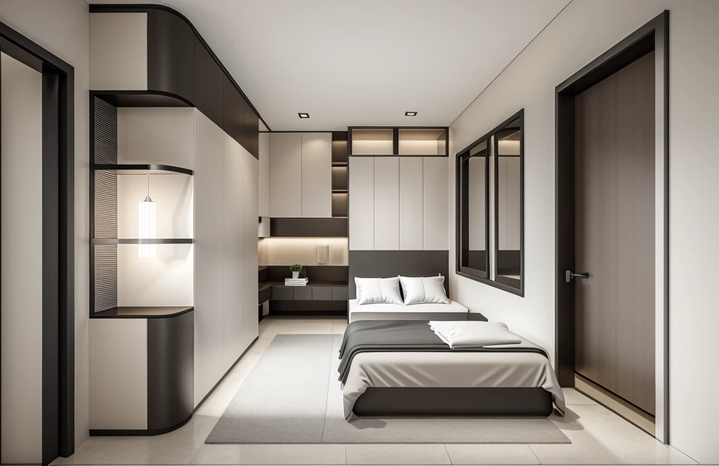 best quality, masterpiece, Interior design, cream tone, 1000k, industry style:1.2, bedroom