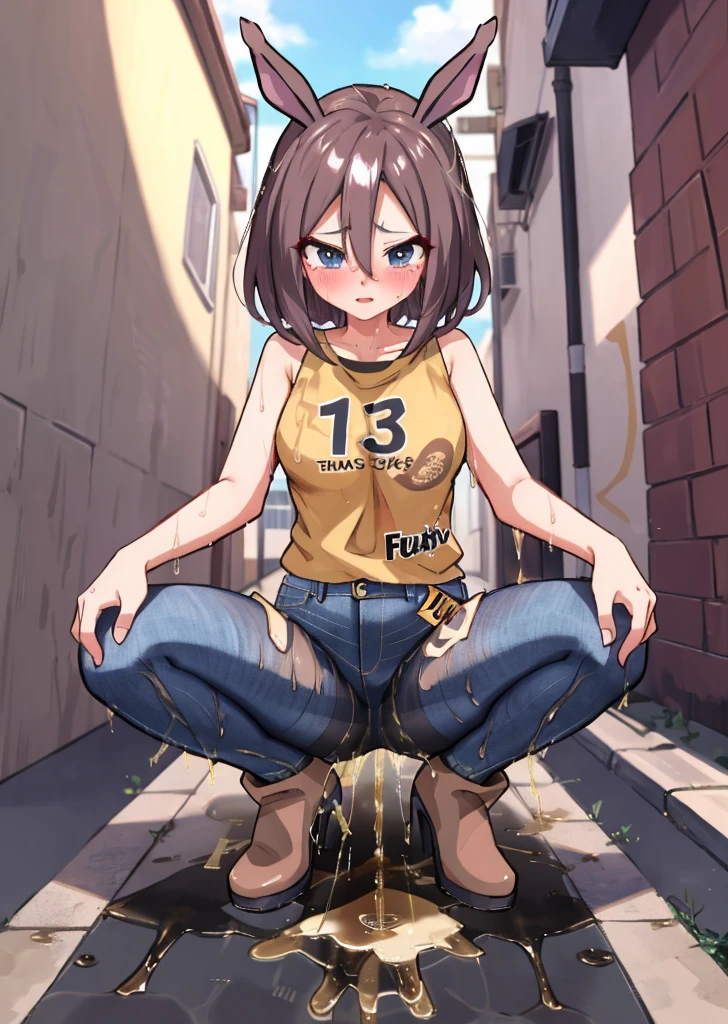 anime, 最high quality, high quality, High resolution, Beautiful woman, High detail, Good lighting, Obscene, transformation, (No nudity), (((Jeans ))), ((Tight leather top)), (((Shiny Pantyhose))), Leather thigh-high boots, Bare abdomen, (Wet shorts), (((Be incontinent))), (((Peeing))), (((Peeing on your own))), (Pee running down my legs), Pee stains, (puddle), (Thick thighs), Nice long legs, lipstick, Detailed face, Pretty face, Clean hands, Embarrassed and blushing face, Humiliated, ((Spread your legs)), (squat), ((In a wide alley)), Heherz
