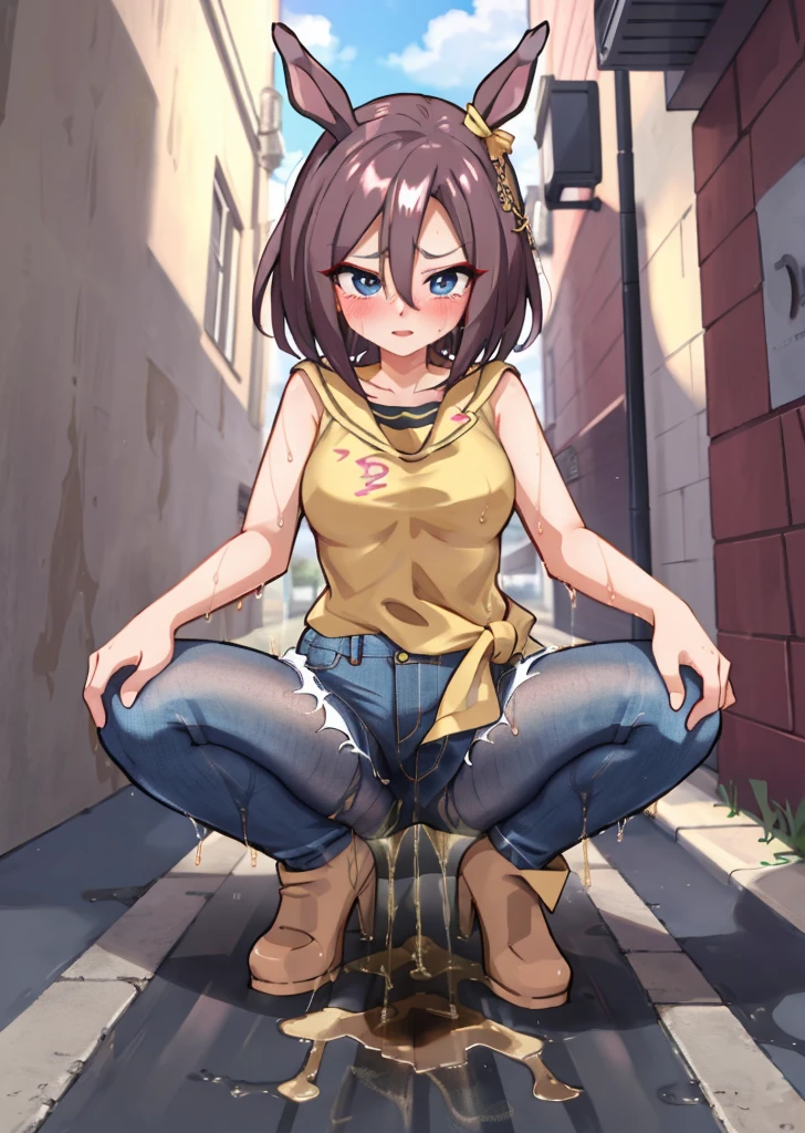 anime, 最high quality, high quality, High resolution, Beautiful woman, High detail, Good lighting, Obscene, transformation, (No nudity), (((Jeans ))), ((Tight leather top)), (((Shiny Pantyhose))), Leather thigh-high boots, Bare abdomen, (Wet shorts), (((Be incontinent))), (((Peeing))), (((Peeing on your own))), (Pee running down my legs), Pee stains, (puddle), (Thick thighs), Nice long legs, lipstick, Detailed face, Pretty face, Clean hands, Embarrassed and blushing face, Humiliated, ((Spread your legs)), (squat), ((In a wide alley)), Heherz