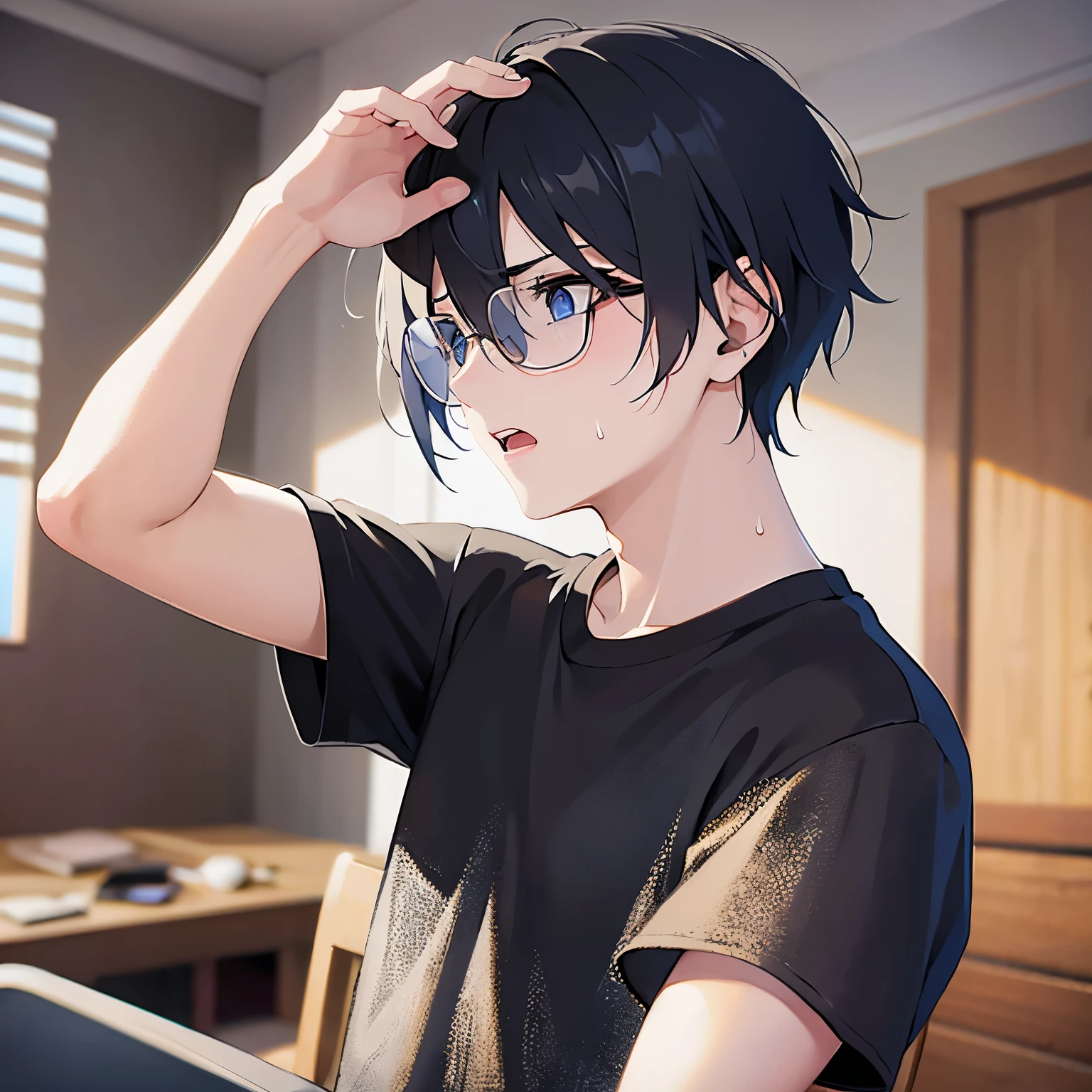 Shooting from below、side angle, hand up, plastic frame eyewear、upper body、shiny skin, masterpiece、Highest quality、(25-year-old male:1.5) and (Black short hair) and (blue eyes), Hair over one eye, (Black T-shirt)、(surprised:1.5), (sweat:1.3), The background is the living room、(Alone:1.5)、Are standing