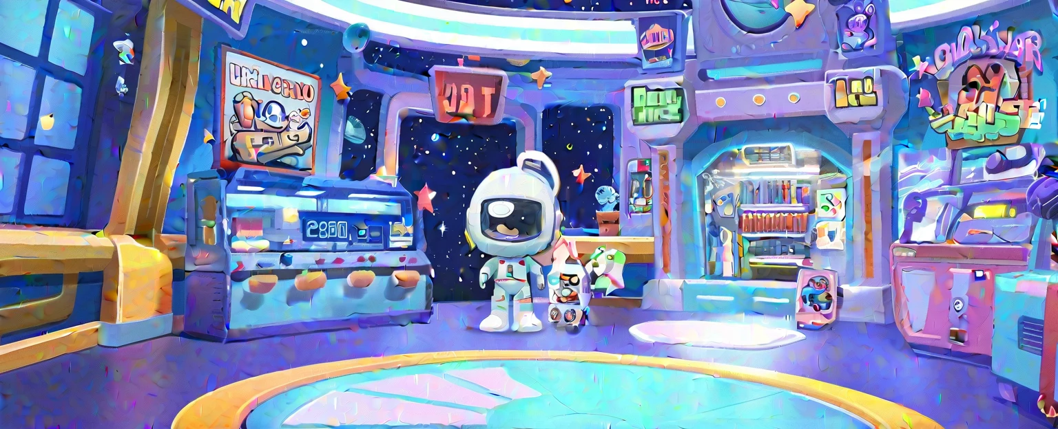 Cartoon character with many toys in the room, in a space cadet outfit, dusty Space suit, 🐋 as 🐘 as 🤖 as 👽 as 🐳, space molly, At the Interstellar Headquarters, background technology, Alien Room Background, wearing astronaut outfit, Space suit, silver Space suit, Astronaut resting in space, cyber universe style, mobile game asset