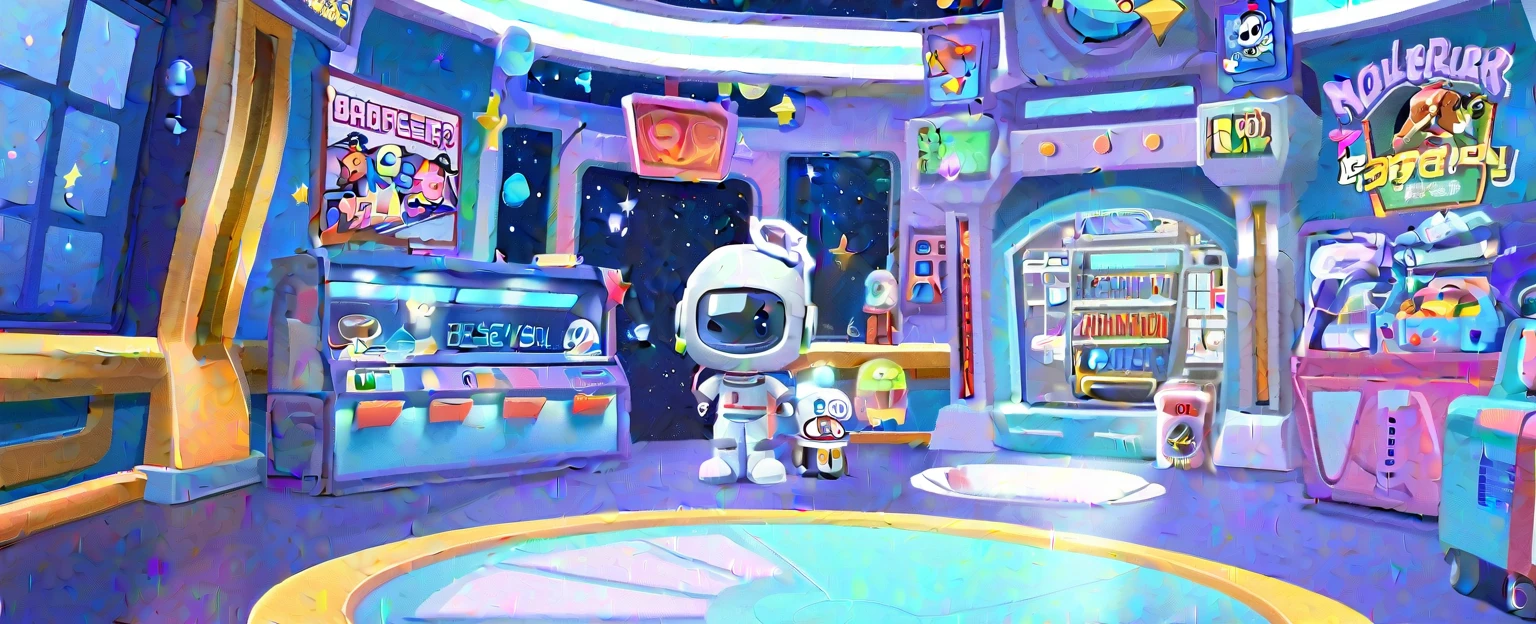 Cartoon character with many toys in the room, in a space cadet outfit, dusty Space suit, 🐋 as 🐘 as 🤖 as 👽 as 🐳, space molly, At the Interstellar Headquarters, background technology, Alien Room Background, wearing astronaut outfit, Space suit, silver Space suit, Astronaut resting in space, cyber universe style, mobile game asset
