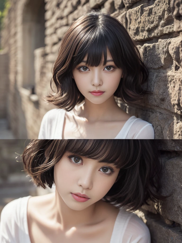 ,From Below,Angle from directly above,dynamic pose,(Highest quality, Very detailed, masterpiece:1.2), 1 women, Very thin body, length, Thin legs, ((Black wavy short layered cut hair hair:1.2)), ((Thick and fluffy bangs)), Very detailedな顔,A faint smile, small, Thin Nose, small thin mouth, Extremely sharply focused eyes, Japanese, Beautiful Face, Realistic eyes, Beautiful and beautiful eyes, Realistic Skin, Beautiful Skin, charm, (A vivid face), Beautiful Hairstyles,((Over Size Tシャツ)), High resolution, Vibrant color palette, Mysterious and mysterious stone wall, Amazing place,Characteristic dark shadows and strange details,