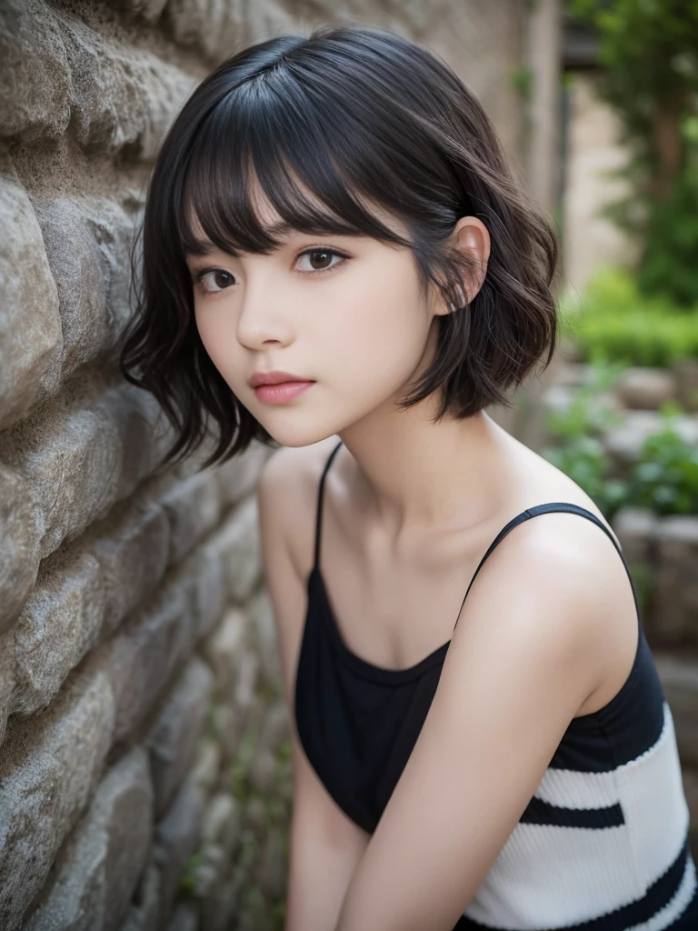 ,From Below,Angle from directly above,dynamic pose,(Highest quality, Very detailed, masterpiece:1.2), 1 women, Very thin body, length, Thin legs, ((Black wavy short layered cut hair hair:1.2)), ((Thick and fluffy bangs)), Very detailedな顔,A faint smile, small, Thin Nose, small thin mouth, Extremely sharply focused eyes, Japanese, Beautiful Face, Realistic eyes, Beautiful and beautiful eyes, Realistic Skin, Beautiful Skin, charm, (A vivid face), Beautiful Hairstyles,((Over Size Tシャツ)), High resolution, Vibrant color palette, Mysterious and mysterious stone wall, Amazing place,Characteristic dark shadows and strange details,