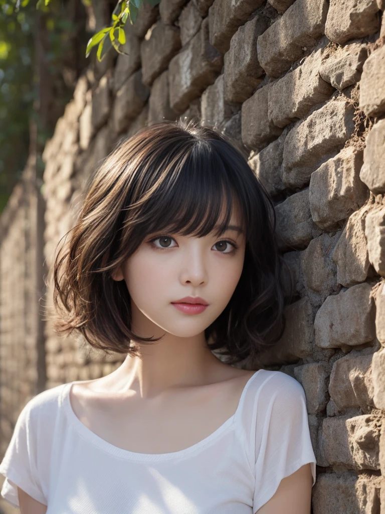 ,From Below,Angle from directly above,dynamic pose,(Highest quality, Very detailed, masterpiece:1.2), 1 women, Very thin body, length, Thin legs, ((Black wavy short layered cut hair hair:1.2)), ((Thick and fluffy bangs)), Very detailedな顔,A faint smile, small, Thin Nose, small thin mouth, Extremely sharply focused eyes, Japanese, Beautiful Face, Realistic eyes, Beautiful and beautiful eyes, Realistic Skin, Beautiful Skin, charm, (A vivid face), Beautiful Hairstyles,((Over Size Tシャツ)), High resolution, Vibrant color palette, Mysterious and mysterious stone wall, Amazing place,Characteristic dark shadows and strange details,