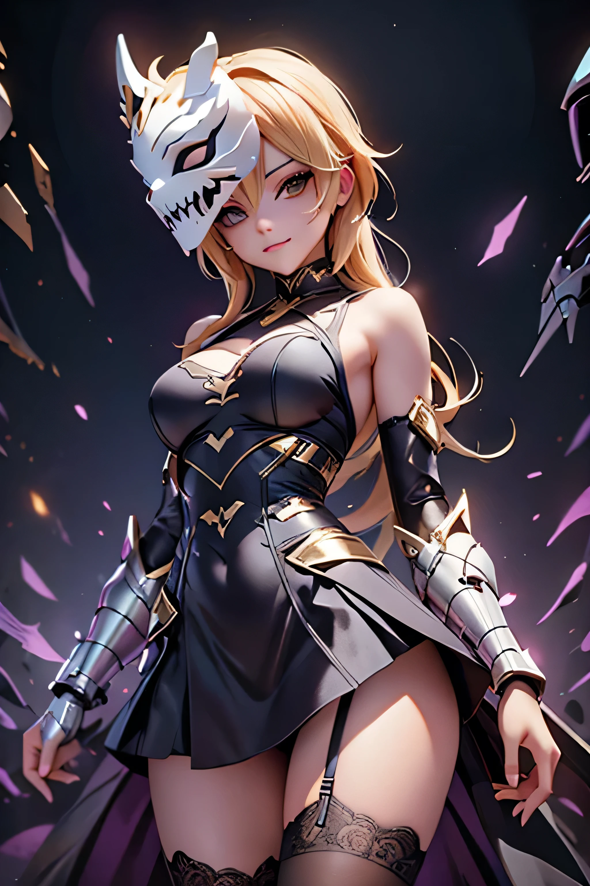 chica , combat magic armor, lace stockings, white hollowfication mask being created, surreal world background