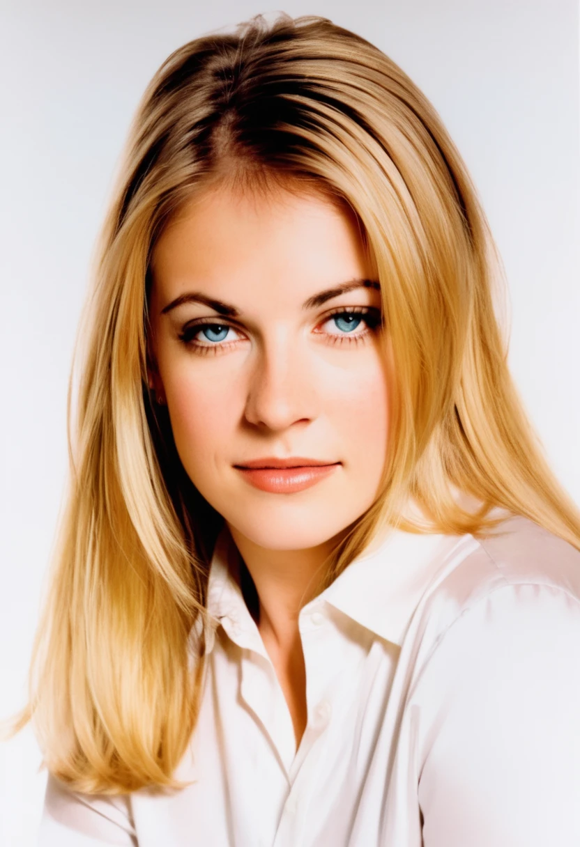 drawing of the face of a 35 year old woman,long hair,blonde haired,white satin shirt