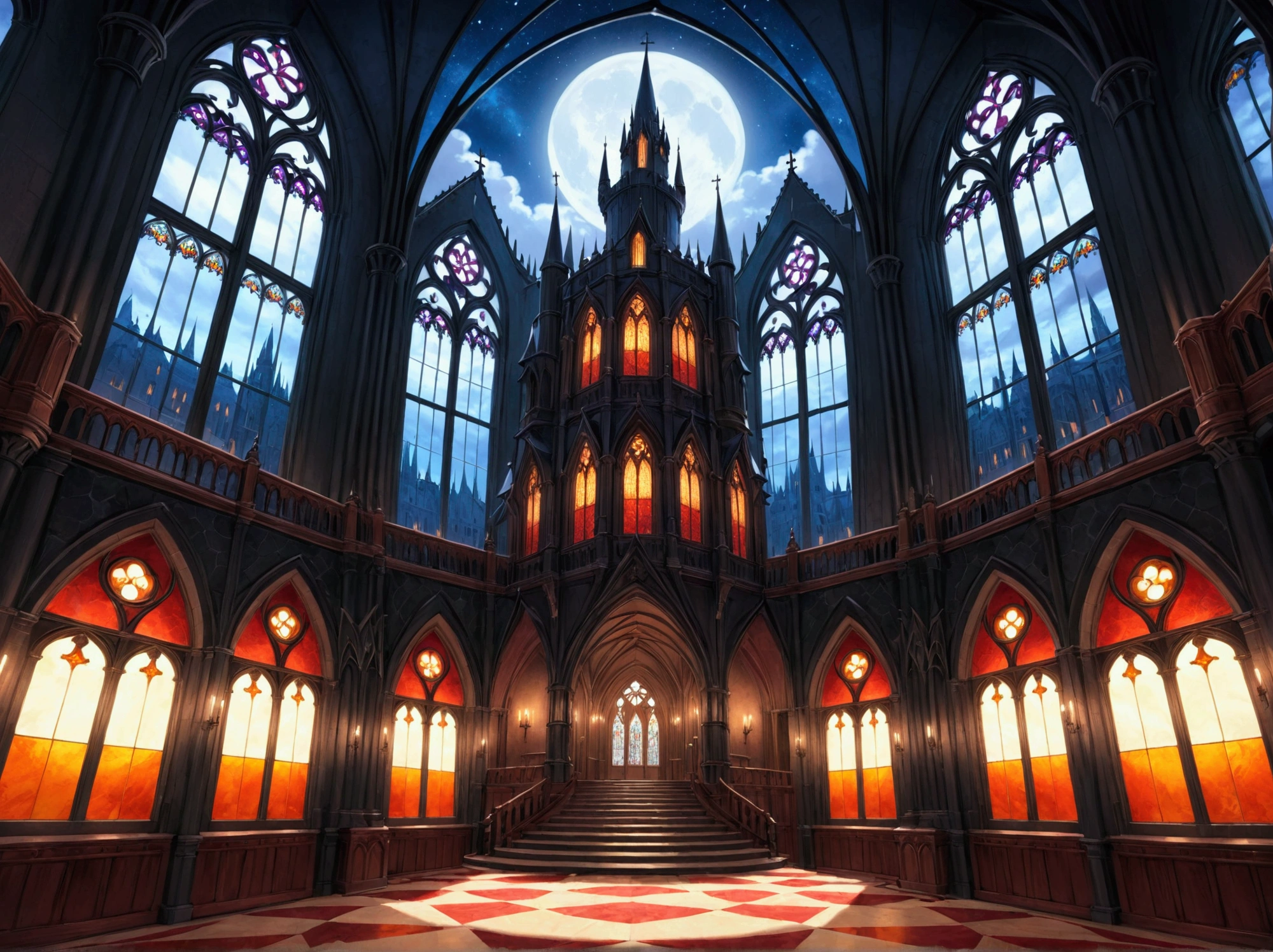 Multicolored Glassがたくさんある,nightのcheese,Dark Fantasy,Reddish color,A room with many windows, VR Castle Interior, cathedral, Fantasy inspired, cheese, Gothic Epic Library Concept, 大きなcathedralart nouveau オクタンンレンダー, The interior of a magnificent Gothic castle,Reddish colorい部屋,cloudy,night,Multicolored Glass,