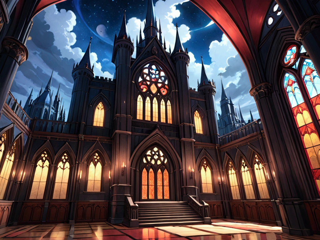 Multicolored Glassがたくさんある,nightのcheese,Dark Fantasy,Reddish color,A room with many windows, VR Castle Interior, cathedral, Fantasy inspired, cheese, Gothic Epic Library Concept, 大きなcathedralart nouveau オクタンンレンダー, The interior of a magnificent Gothic castle,Reddish colorい部屋,cloudy,night,Multicolored Glass,