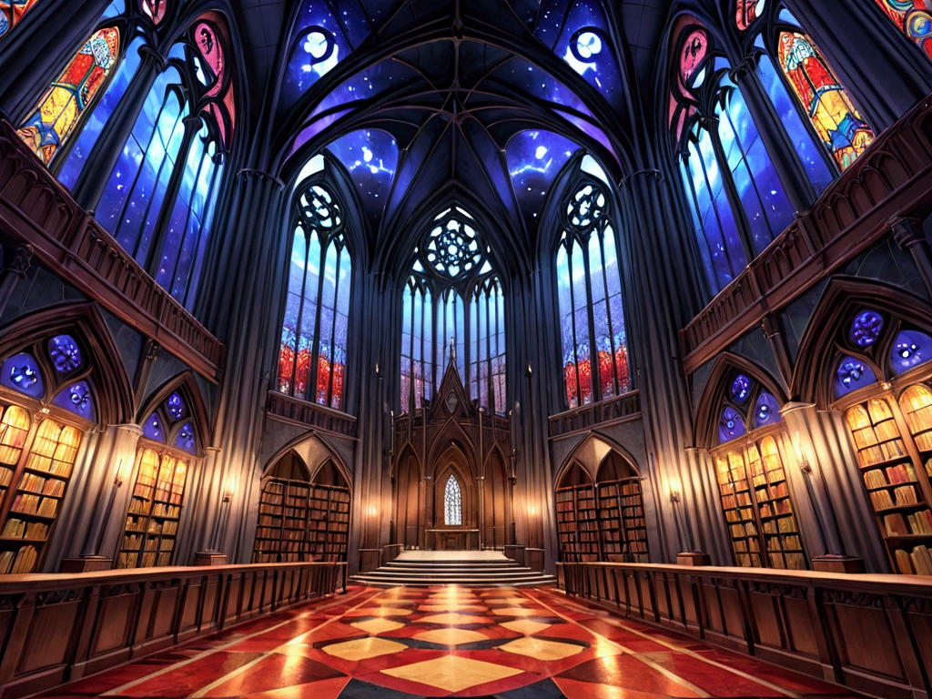 Multicolored Glassがたくさんある,nightのcheese,Dark Fantasy,Reddish color,A room with many windows, VR Castle Interior, cathedral, Fantasy inspired, cheese, Gothic Epic Library Concept, 大きなcathedralart nouveau オクタンンレンダー, The interior of a magnificent Gothic castle,Reddish colorい部屋,cloudy,night,Multicolored Glass,