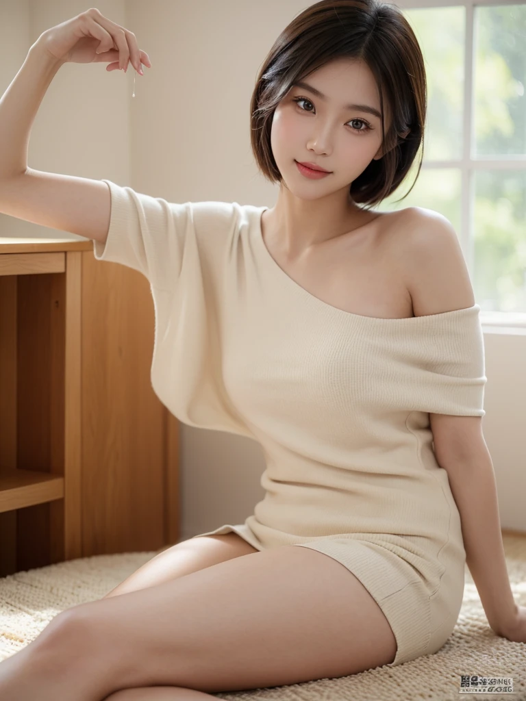 An Asian female model about 23 years old, Stand in a bright indoor studio perfect for a popular magazine cover,Simple blurred background,Wear neat and stylish off-shoulder clothing,short sleeve,very short bob,Beautiful and tall nose,Hydrating and compact lips,Have beautiful double eyelids,Fair and delicate skin,Smile,Clear and bright eyes,The picture is three-dimensional,The resolution of facial details is very high,She is beautiful, individual and confident,charming,There is only one woman in the picture,The focus is on presenting exquisite and delicate close-ups of eyes and tails.,Facing the light source,high quality,Super fine,The model's posture is relaxed and comfortable