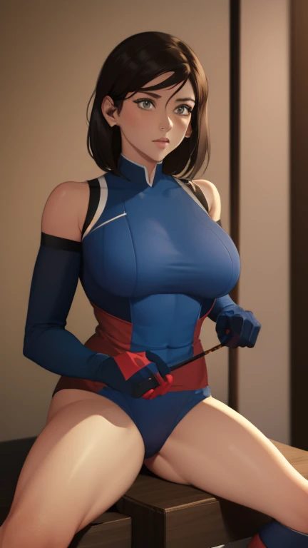 Korra has large breasts and is wearing her spider suit 