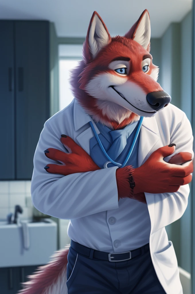 Ivan Fedorovich Wolfbach (Novosibirsk) ,tall handsome, wolf,young, 24 years, brown fur,Kind,(red body:1.3),beautiful blue eyes,Novosibirsk,dressed, white medina robe, stethoscope,Dr,shirt,black tie,trousers,canine, wolf, detailed fur, male, antro, paw pads, finger claws,at viewer, 5 fingers, paws, 5 fingers, smile, wrist watch, т nextel,by xenoforge, (difficult, high detail, digital photography, soft focus, RAW species палаты ,very close to the camera, species,Novosibirsk, smile, a good mood, positive, very close to the camera,intensive care unit, newborns, stethoscope, in the neck, 
Photorealism, realistic, photorealistic, digital style, Subsurface scattering,Looking at the viewer,hugs the she-wolf, 
masterpiece, Best quality, ultra realistic, 8 k)