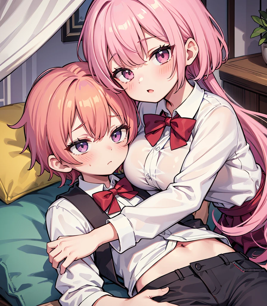 masterpiece, Highest quality, so beautiful, absurdists,High resolution,One girl, One boy,Cuddling in bed, like,sexly,Look at each one, blush,Age difference,bow tie,blondes,chest,Long Hair,Pink Hair,Tucked in shirt,short hair,skirt,Tent shirt,Slut,Big breasted sister and brother,Siblings, trousers,Pushing her big tits against her brother,(My brother's small erect penis),((((姉のvery huge breasts,Sister crushes her big tits in her brother's face)))),(((((Very huge breasts))))),((small penis,NSFW,Soft Very HUGE breasts)),((Bursting Breasts,弟の顔を隠すHuge breasts)),((Huge breasts,Large Breasts,とてもLarge Breasts、すごくLarge Breasts、とてつもなくLarge Breasts)),Two people gazing at each other