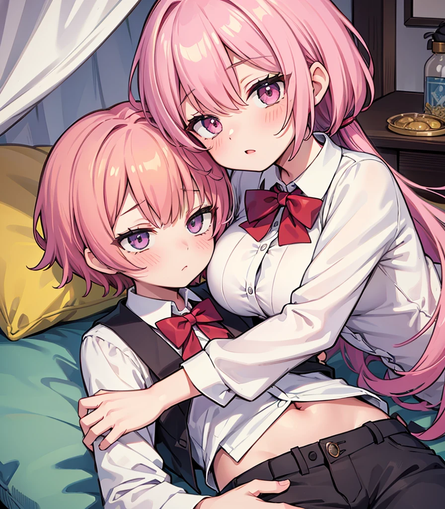 masterpiece, Highest quality, so beautiful, absurdists,High resolution,One girl, One boy,Cuddling in bed, like,sexly,Look at each one, blush,Age difference,bow tie,blondes,chest,Long Hair,Pink Hair,Tucked in shirt,short hair,skirt,Tent shirt,Slut,Big breasted sister and brother,Siblings, trousers,Pushing her big tits against her brother,(My brother&#39;s small erect penis),((((姉のvery huge breasts,Sister crushes her big tits in her brother&#39;s face)))),(((((Very huge breasts))))),((small penis,NSFW,Soft Very HUGE breasts)),((Bursting Breasts,弟の顔を隠すHuge breasts)),((Huge breasts,Large Breasts,とてもLarge Breasts、すごくLarge Breasts、とてつもなくLarge Breasts)),Two people gazing at each other