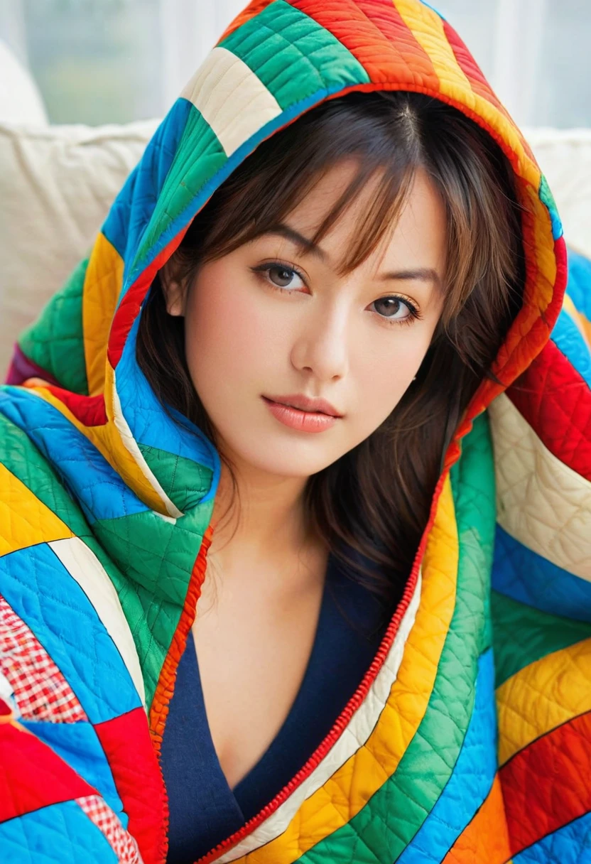 Close-up professional photo of a young woman wrapped in a colorful and warm quilt, Cel Shading, Bold outline, Flat Color, Sharp Shadows, Graphic Style, (Manga influence:1.3), Beautiful line drawing, Impressive visuals,comics