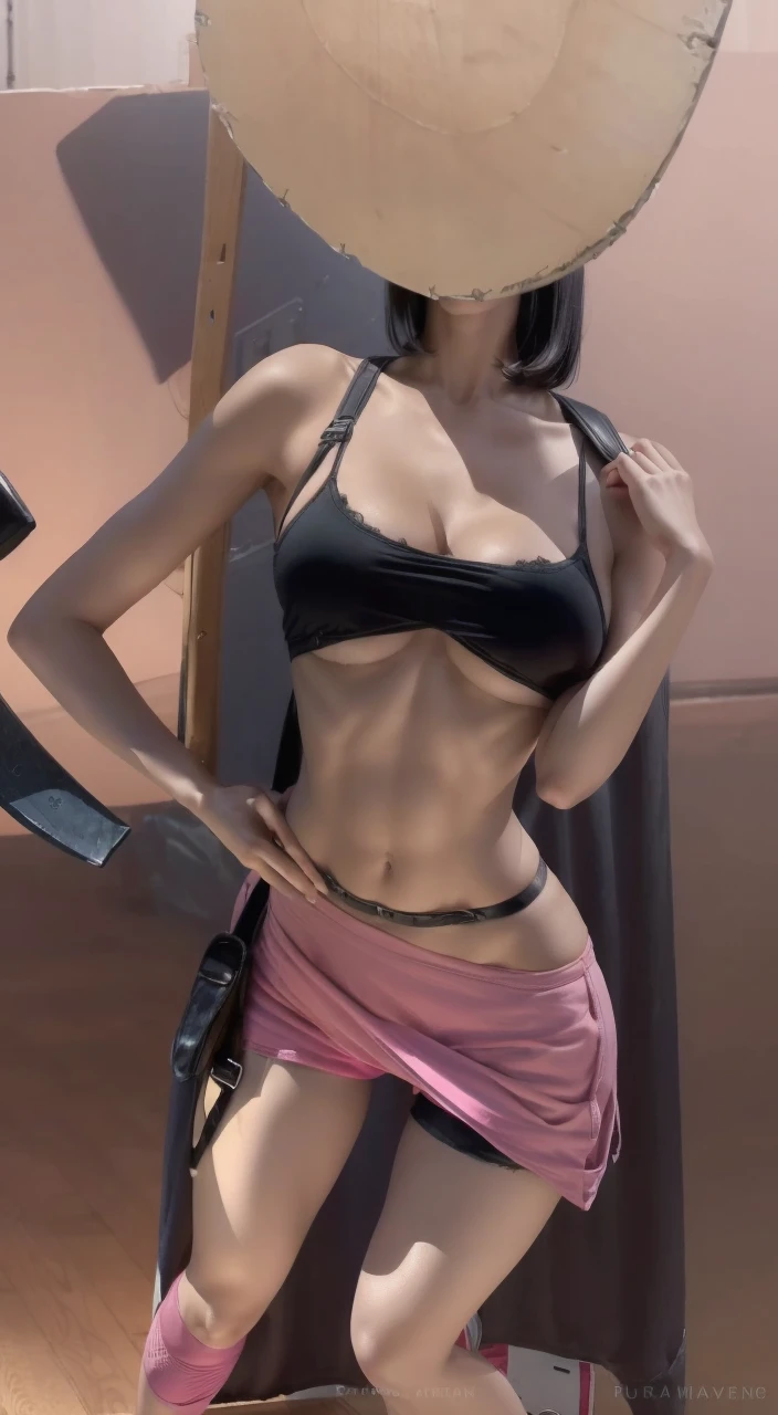 short black hair, with slightly messy bangs. Dark, penetrating brown eyes. Thin and marked build. She wears torn black shorts, blue tennis shoes, and a pink navel blouse with straps. He has an axe in his right hand and a backpack on his back. Busty.