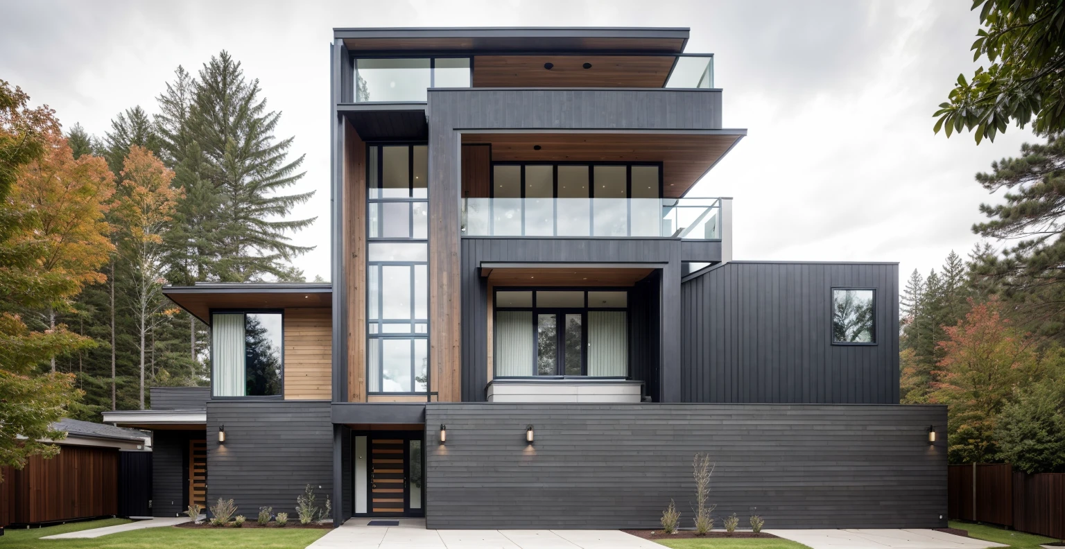 house exterior contemporary style, modernism, glass doors and windows,black metal rail, conwood ceilling, masterpiece, highquality, realistic photo, canon eos 5D mark, natural light, 