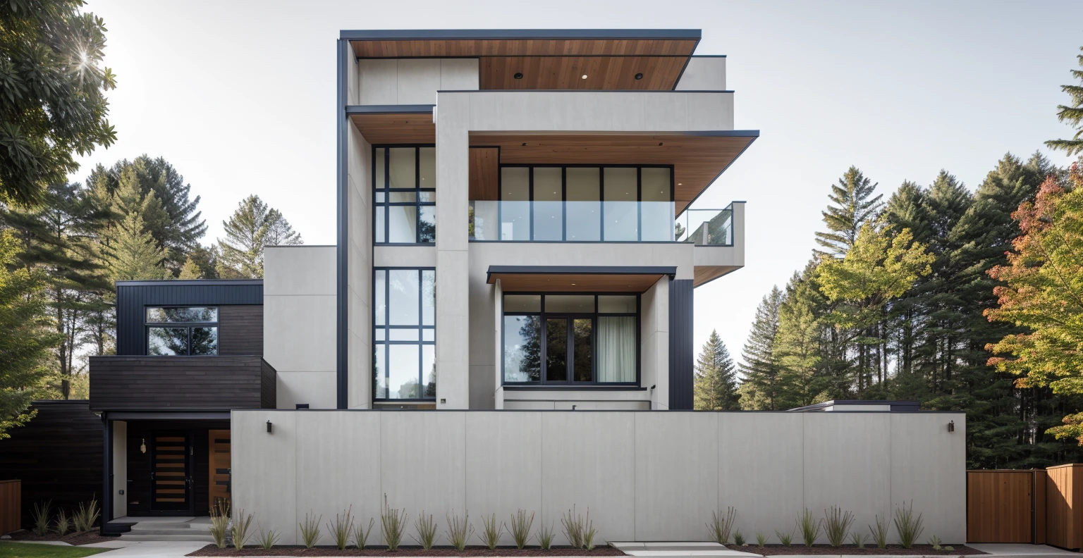 house exterior contemporary style, modernism, glass doors and windows,black metal rail, conwood ceilling, masterpiece, highquality, realistic photo, canon eos 5D mark, natural light,