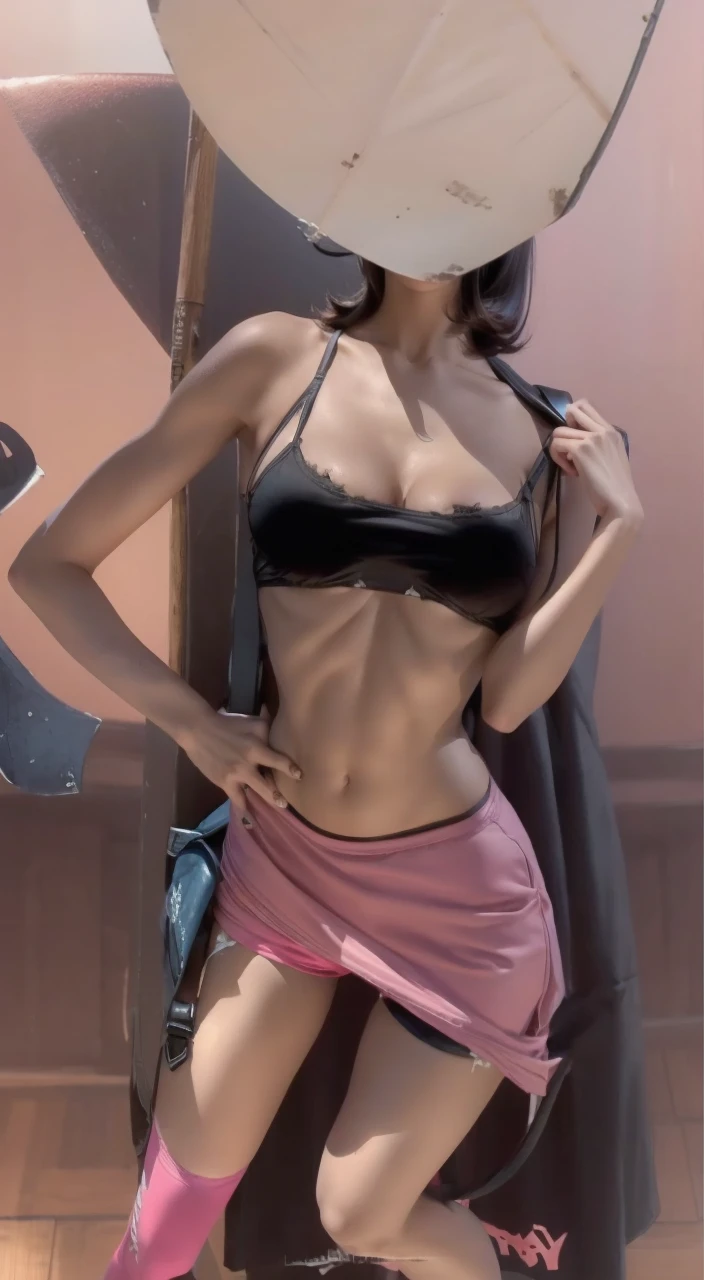 short black hair, with slightly messy bangs. Dark, penetrating brown eyes. Thin and marked build. She wears torn black shorts, blue tennis shoes, and a pink navel blouse with straps. He has an axe in his right hand and a backpack on his back. Busty.