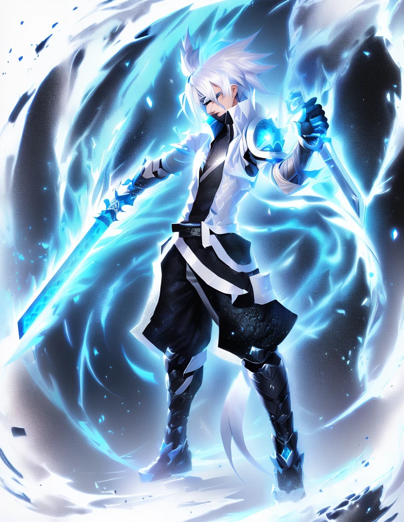drawing of a androgynous young human man with a 2 katanas,, ninja, long ponytail, kilua zoldyck , kakashi, gojo, an anime drawing, art style of borderlands, detailed fanart, hero 2 d fanart artsation, ( ( character concept art ) ), anime drawing, game art!!, with out shading, anime shading), dramatic wielding sword pose, anime shading, white hair, glowing blue eyes, pale skin, black ninja trousers,black vest with dragon scales on sides, blue short jacket, metallic accents, dragon scale grieves, dragon scale right vambrace, clawed gauntlet on left hand, 