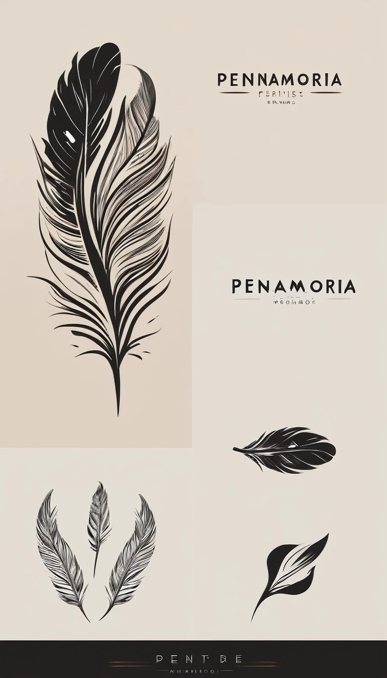 A minimal, modern, simple, cinematic logo design for the brand “Penamemoria". Create a modern, minimalistic, high-quality, logo of a simple, fantastic, hipnotic, dreamy, artistic feather that symbolizes dreams, stories and memories

