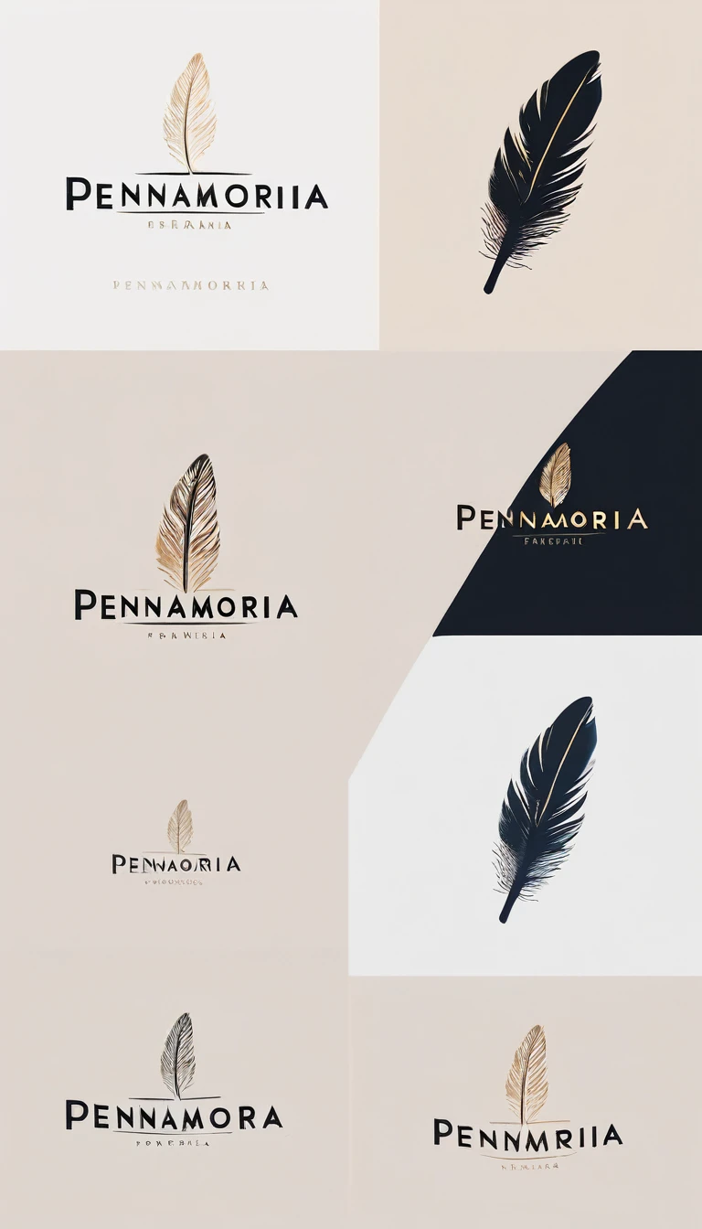A minimal, modern, simple, cinematic logo design for the brand “Penamemoria". Create a modern, minimalistic, high-quality, logo of a simple, fantastic, hipnotic, dreamy, artistic feather that symbolizes dreams, stories and memories