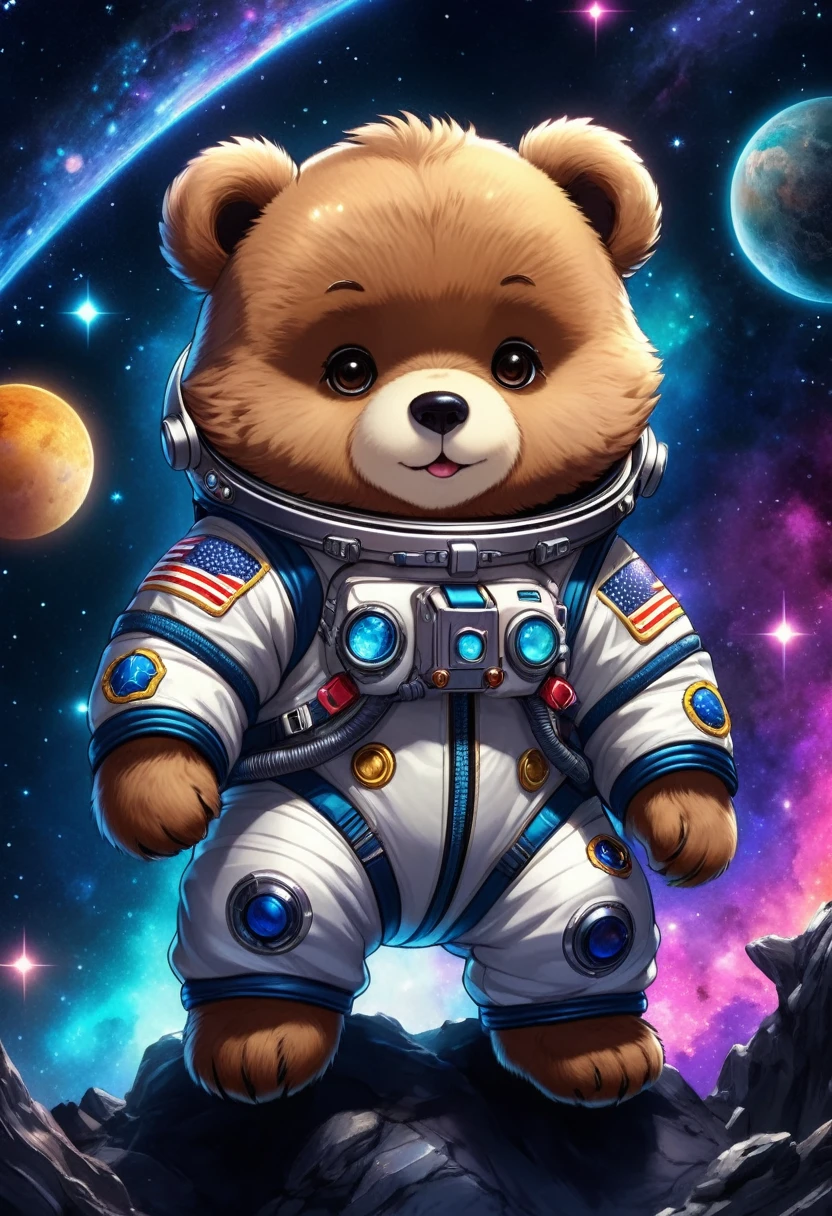 (Cute cartoon style:1.3), (Close up of cute bear sitting and holding stars))), (Full set of cool space suits:1.2)Dark fur, Epic space scenery, Complex design, Vibrant colors, Masterpieces in up to 16K resolution, best quality, Extremely detailed, aesthetics, Cute bear sitting and holding stars.