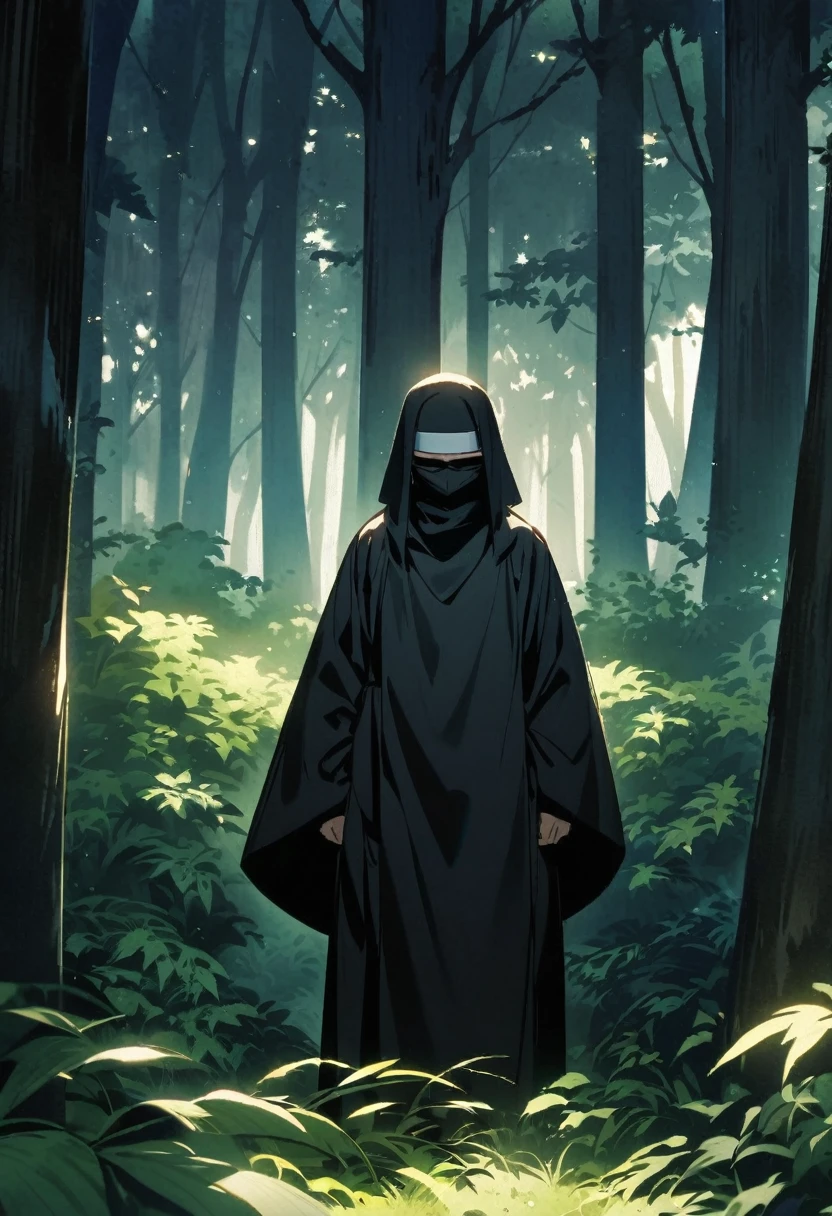 "An anime-style character with green eyes and a serious expression, wearing a predominantly black outfit that resembles a traditional Japanese nun or ninja uniform. The outfit includes a black robe with a black headband and a black cloth mask covering the lower half of the face, leaving only the eyes visible. The character is standing in a dense forest with tall trees and dappled sunlight filtering through the leaves. The background is lush and green, creating a mysterious and serene atmosphere."
