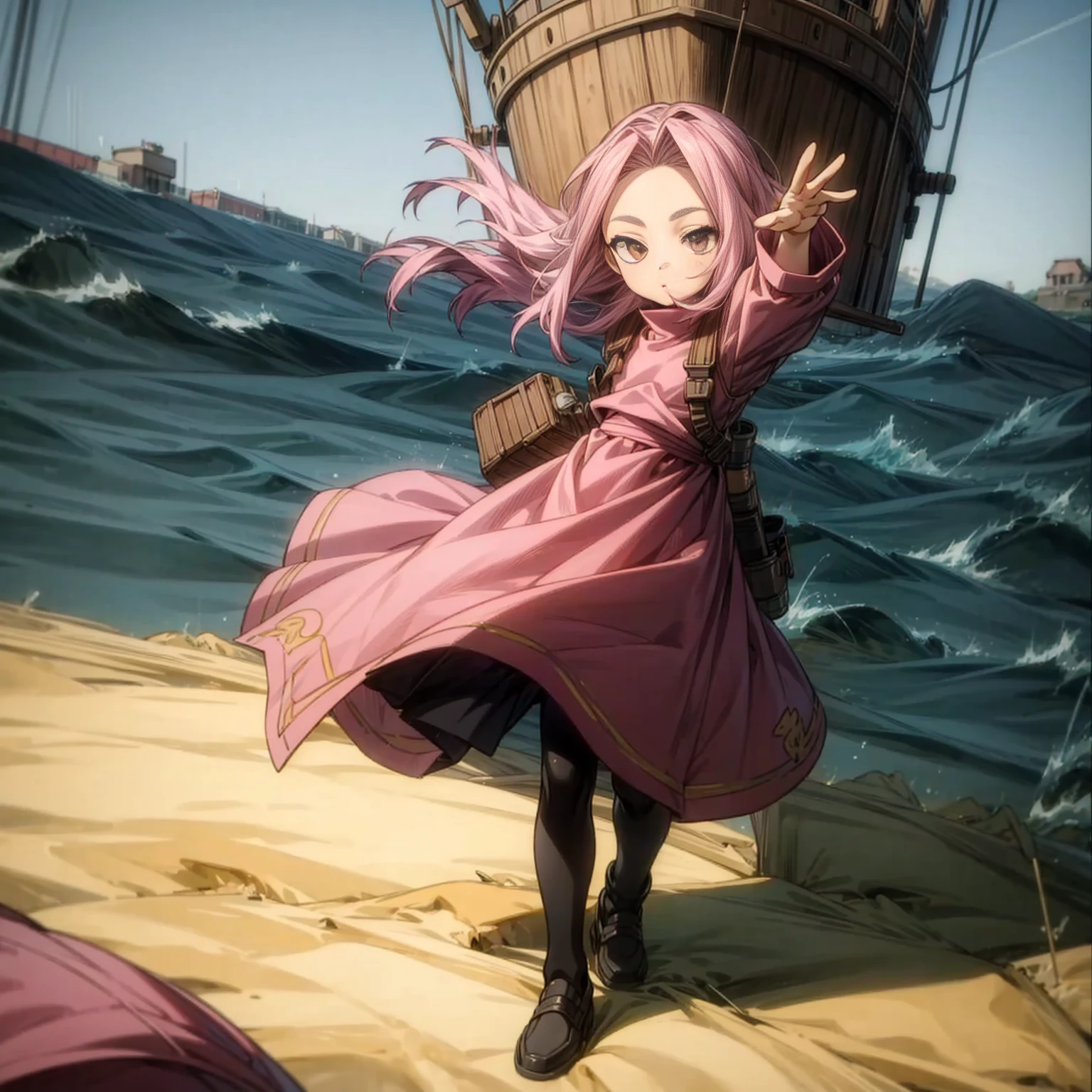 1childern girl, Full body version, 1character, children version, gold eyes color, long haircut, pink colour hair, Farmer villager style clothing, Grassroots, background in ship sea, motion blur, (Hunter x Hunter style), standing gesture in ship sea