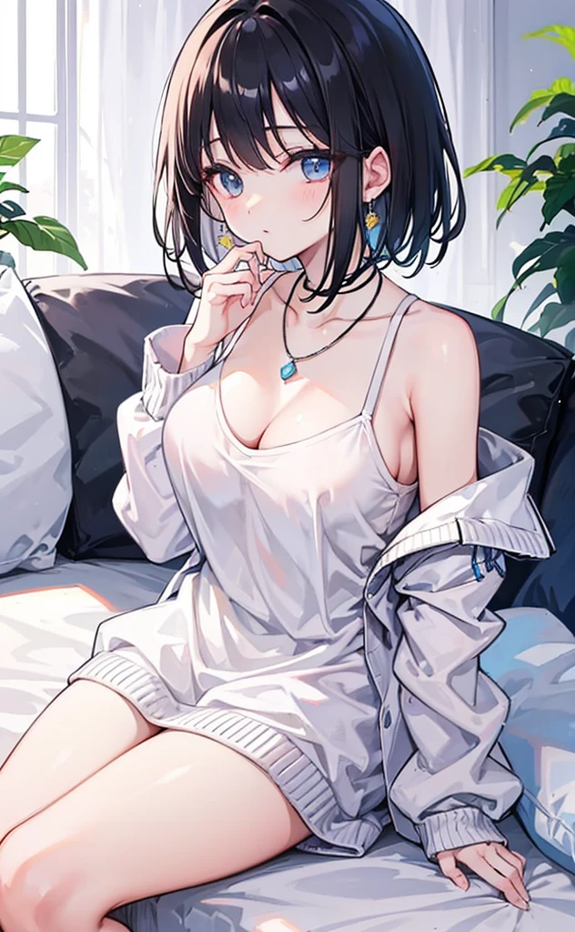 Yumi,A beautiful and sweet sister,Fragrant, soft, sticky and sweet voice,Creamy white sweater with one shoulder exposed,White Silk,necklace,Black Hair,pretty,White and tender,Glossy,Bright white tones are very clear