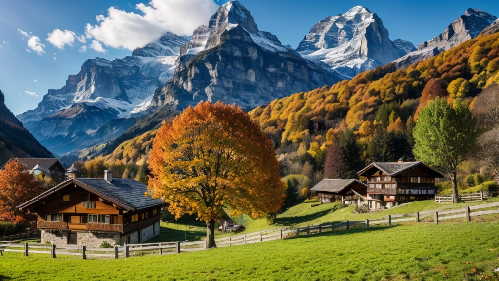 autumn landscape with orange tree, green meadow and blue mountains in Grindelwald village in Swiss Alps