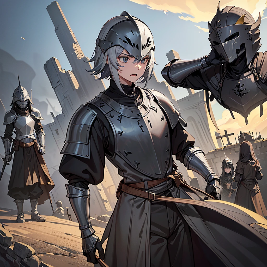 Best illustrations、Best Quality、(((Simple grey armor、Black trousers、Black glover.々Hairstyle、Mr.々Hair coron helmet、Iron Mask、Iron Helmet)))、(((Get Ready)))、(Old ruins、desert。Grass)、Fall to the floor、(Black, muddy swamp)、(中世の騎士が10 people)、(get annoyed、anxiety、impatience、Open your mouth、shout)、(lots of medieval knights、10 people)、battlefield、、From below