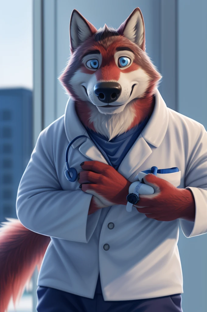 Ivan Fedorovich Wolfbach (Novosibirsk) ,tall handsome, wolf,young, 24 years, brown fur,Kind,(red body:1.3),beautiful blue eyes,Novosibirsk,dressed, white medina robe, stethoscope,Dr,shirt,black tie,trousers,canine, wolf, detailed fur, male, antro, paw pads, finger claws,at viewer, 5 fingers, paws, 5 fingers, smile, wrist watch, т nextel,by xenoforge, (difficult, high detail, digital photography, soft focus, RAW species палаты ,very close to the camera, species,Novosibirsk, smile, a good mood, positive, very close to the camera,intensive care unit, newborns, stethoscope, in the neck,
Photorealism, realistic, photorealistic, digital style, Subsurface scattering,Looking at the viewer,hugs the she-wolf,
masterpiece, Best quality, ultra realistic, 8 k)