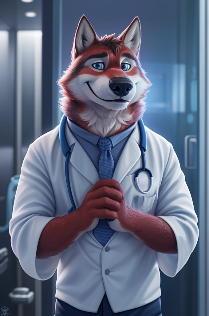Ivan Fedorovich Wolfbach (Novosibirsk) ,tall handsome, wolf,young, 24 years, brown fur,Kind,(red body:1.3),beautiful blue eyes,Novosibirsk,dressed, white medina robe, stethoscope,Dr,shirt,black tie,trousers,canine, wolf, detailed fur, male, antro, paw pads, finger claws,at viewer, 5 fingers, paws, 5 fingers, smile, wrist watch, т nextel,by xenoforge, (difficult, high detail, digital photography, soft focus, RAW species палаты ,very close to the camera, species,Novosibirsk, smile, a good mood, positive, very close to the camera,intensive care unit, newborns, stethoscope, in the neck,
Photorealism, realistic, photorealistic, digital style, Subsurface scattering,Looking at the viewer,hugs the she-wolf,
masterpiece, Best quality, ultra realistic, 8 k)