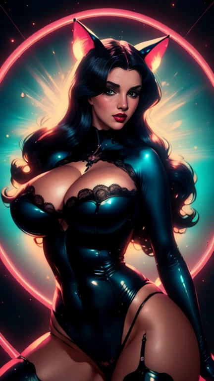breathtaking illustration of a woman in a catsuit. and artwork by Mark Rydenand, eduardo hopper, sex toys, big tits, bdsm, sexual situation, dominatriz, by billy butcher., (illustration:1.3), Masterpiece, ((neon vintage anime)) Style, 90's anime Style, 90s anime, Hajame Sorayama, Greg Tocchini, neon vintage anime Masterpiece, animated art, 4k, high quality.
