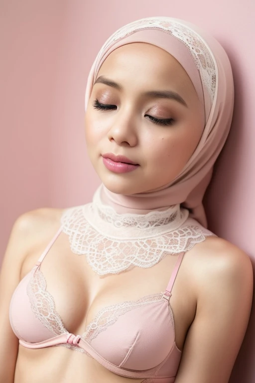 ((SLEEPING BEAUTY)), ((EYES WIDE )), ((OPEN BIG HUGE EYES)), ((FULL LACE)), Very Thin body (Wearing Bra Lingerie), (((HIJAB MALAY GIRL))), masutepiece, High quality, UHD 32K, Realistic face, Realistic skin feeling , A Malay Lady, , , Very cute and baby-like face, (((FLAT CHEST))), (MATRIX WORLD), ((look In front at the camera and SADNESS)), ((())), (((CUTE GIRL))), ((PINK LIPS)), ((BROWN)), (naked undress). WEAR BRA LINGERIE, purple, lace