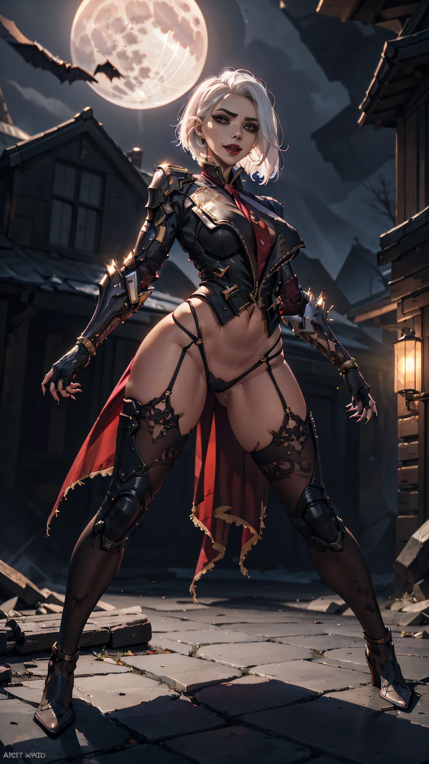 From below, pussy focus, ashe, overwatch, AsheOver warrioress, standing with legs spread wide open, long white hair, action stance, sexy, naked, see-through lowleg panties, claws, fangs, armoured shoulder pauldrons, demonic presence, combat stance, vibrant appearance, creative behavior, menacing, evil smile, imaginative, sensual, spontaneous, highest quality, skin texture, intricate details, (cinematic lighting), RAW photo, 8k, under moonlight, nightmarish, full moon, firestorm, debris
