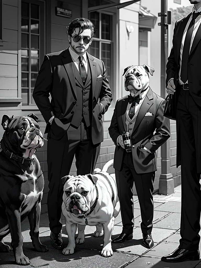 Some Dogs(includeing Bulldog) in mafia clothes smoking a cigarette, monochrome, wide shot, Tattoos on the upper body