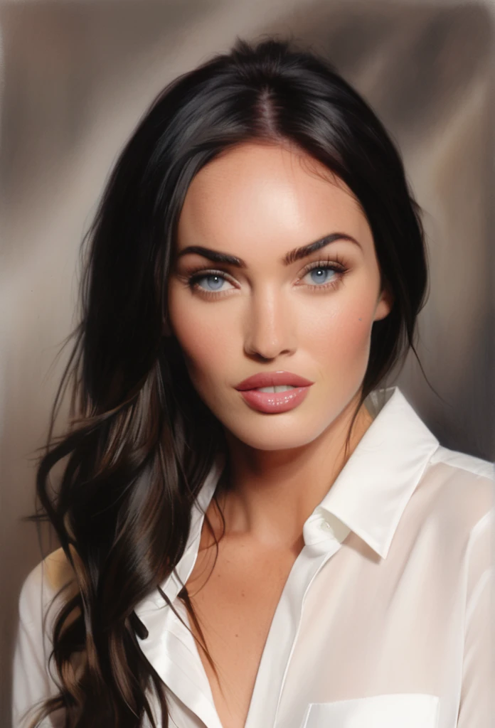 (MeganFox)drawing of the face of a 35 year old woman,long hair,dark haired,white satin shirt