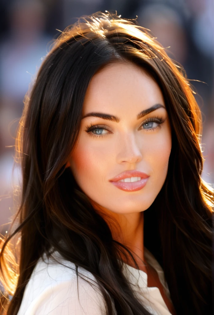 (MeganFox)drawing of the face of a 35 year old woman,long hair,dark haired,white satin shirt