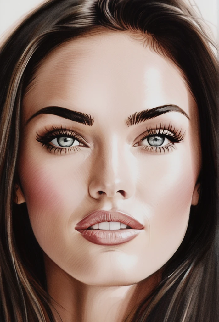 (MeganFox)drawing of the face of a 35 year old woman,long hair,dark haired,white satin shirt