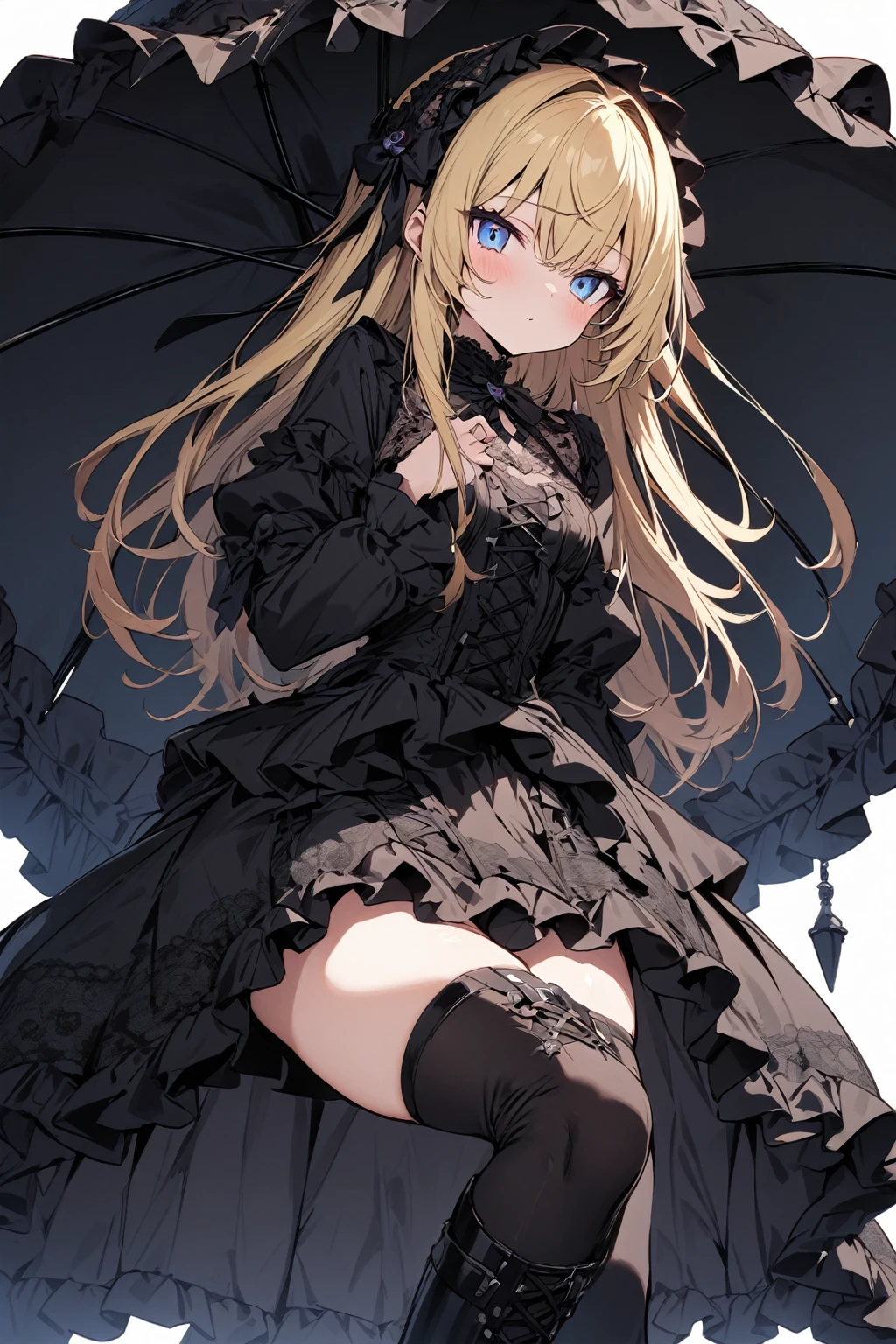 solo, cute girl, masterpiece, best quality, ultra detailed, gothic ta, lace dress, parasol, knee-high boots, blonde hair, blue eyes