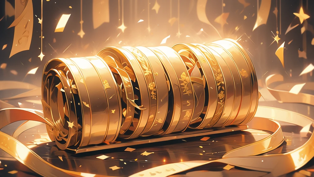 a gold ribbon that says in a very large font, no humans, confetti,
