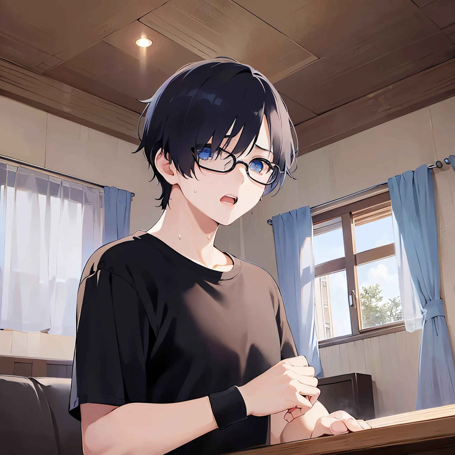 Shooting from below、side angle, hand up, plastic frame eyewear、upper body、shiny skin, masterpiece、Highest quality、(25-year-old male:1.5) and (Black short hair) and (blue eyes), Hair over one eye, (Black T-shirt)、(surprised:1.5), (sweat:1.3), The background is the living room、(Alone:1.5)、Are standing
