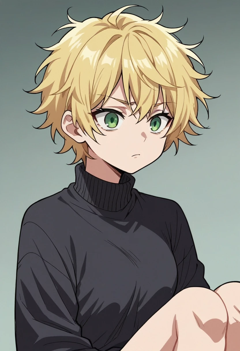 score_9, score_8_up, score_7_up, source_anime, anime_screencap, 1girl, black sweater, green eyes, blonde hair, short hair, messy hair, 