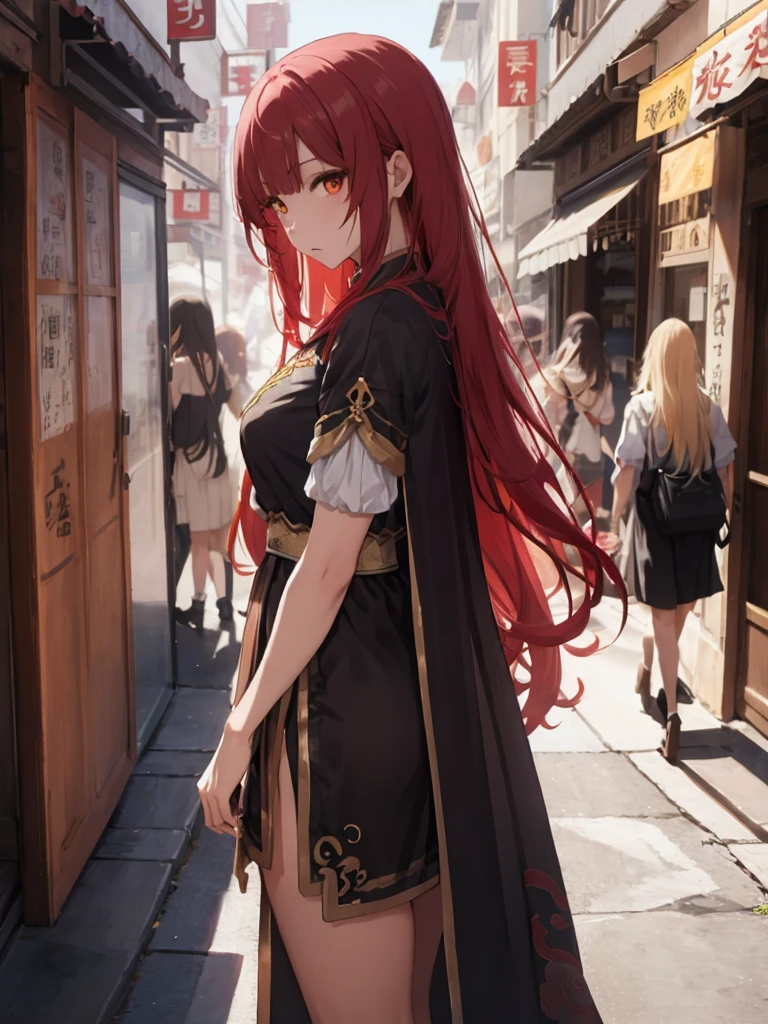 fantasy clothes, chinese inspired, {{long red hair}}, side view, walking spirte, woman, anime, {{eyes red and gold}}