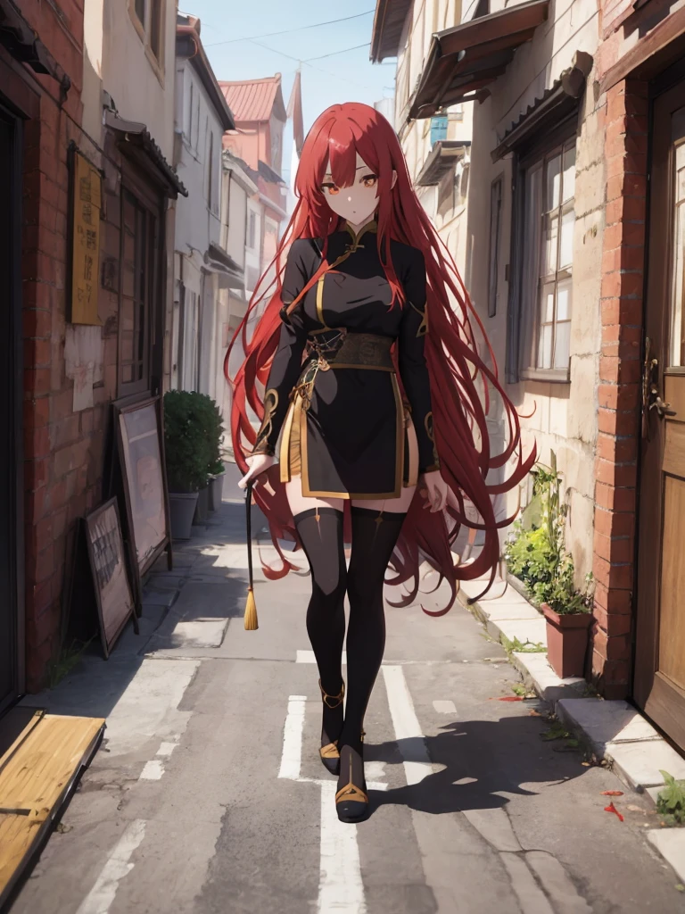 fantasy clothes, chinese inspired, {{long red hair}}, side view, walking spirte, woman, anime, {{eyes red and gold}}